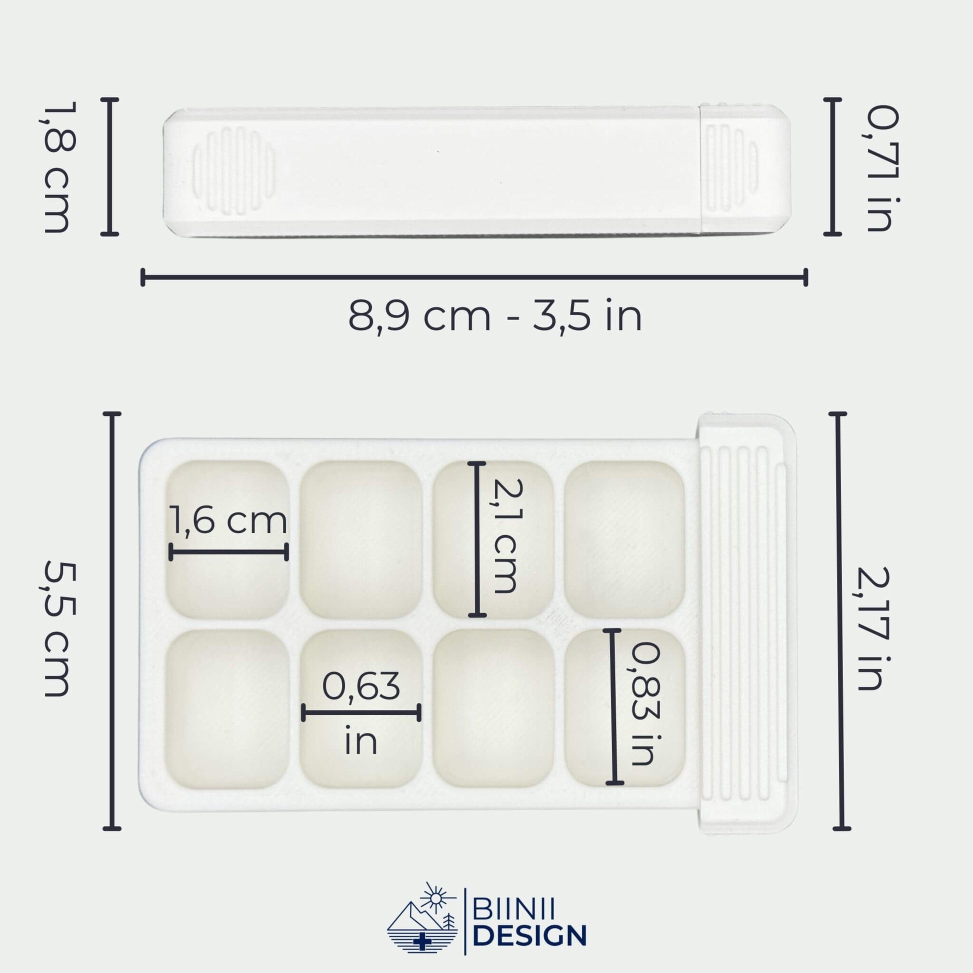 White 8-compartment weekly pill organizer tray dimensions in cm and inches. Large capacity pill case size reference.