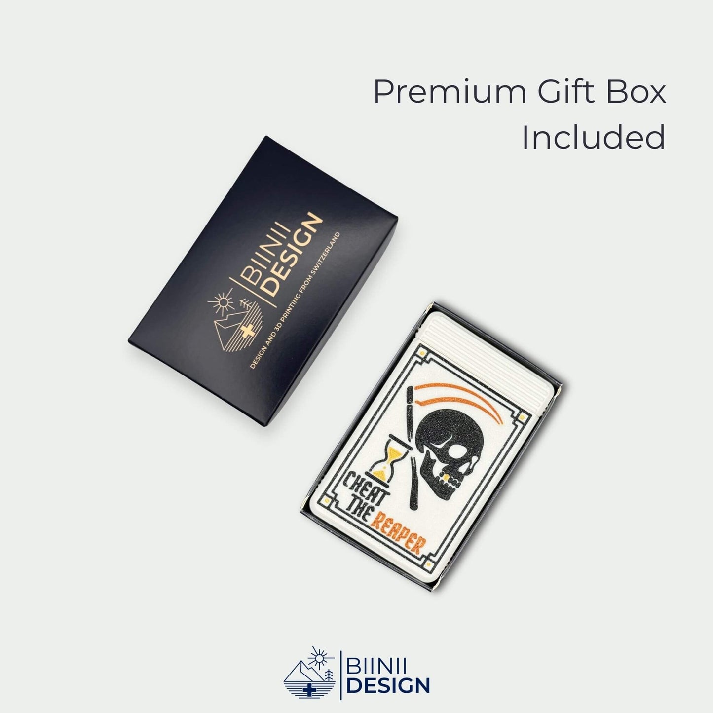 Cheat the Reaper White Edition pill organizer inside premium Biinii Design gift box. Ready-to-offer packaging.