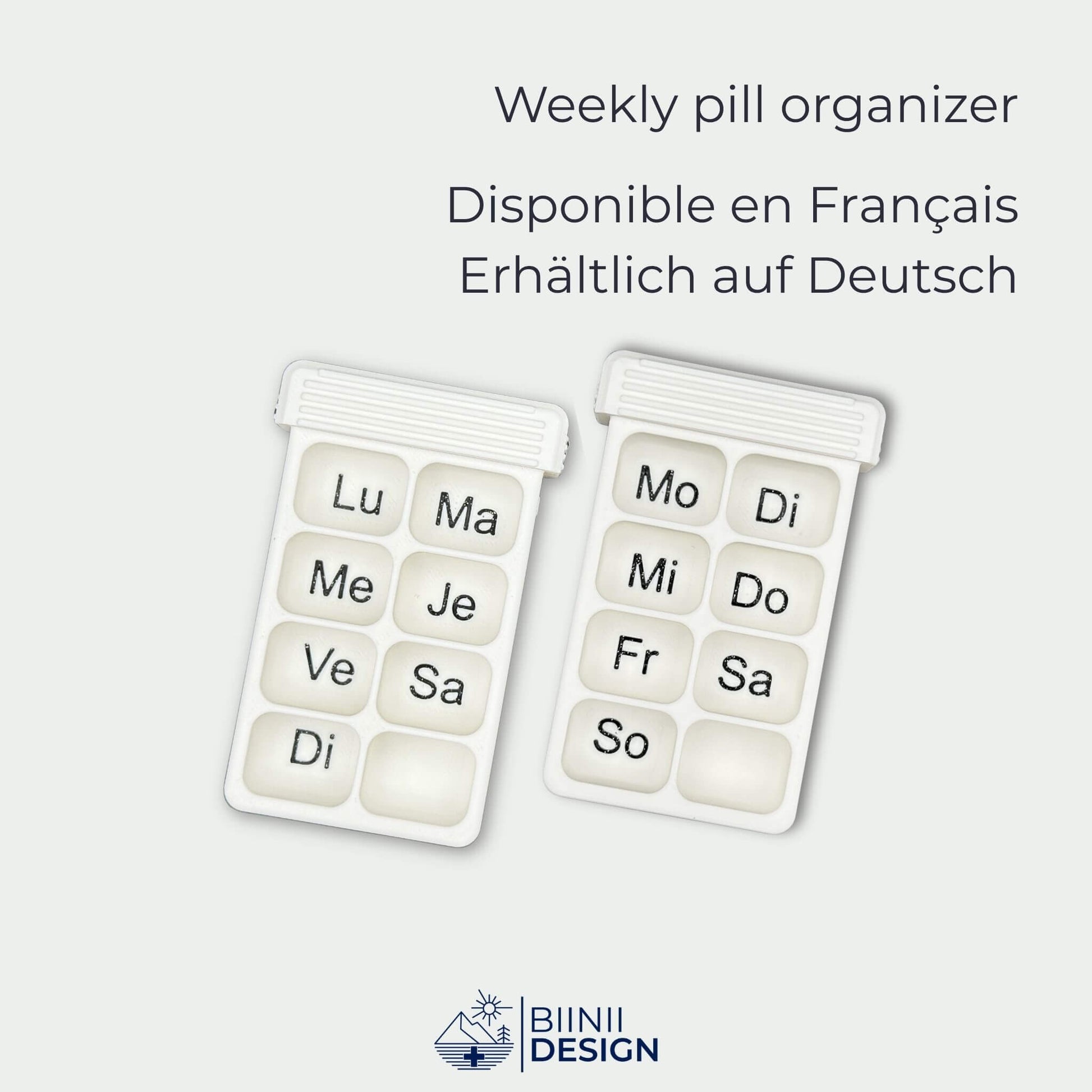 Empty white 8-compartment weekly pill organizer tray with black French and German day engraving.