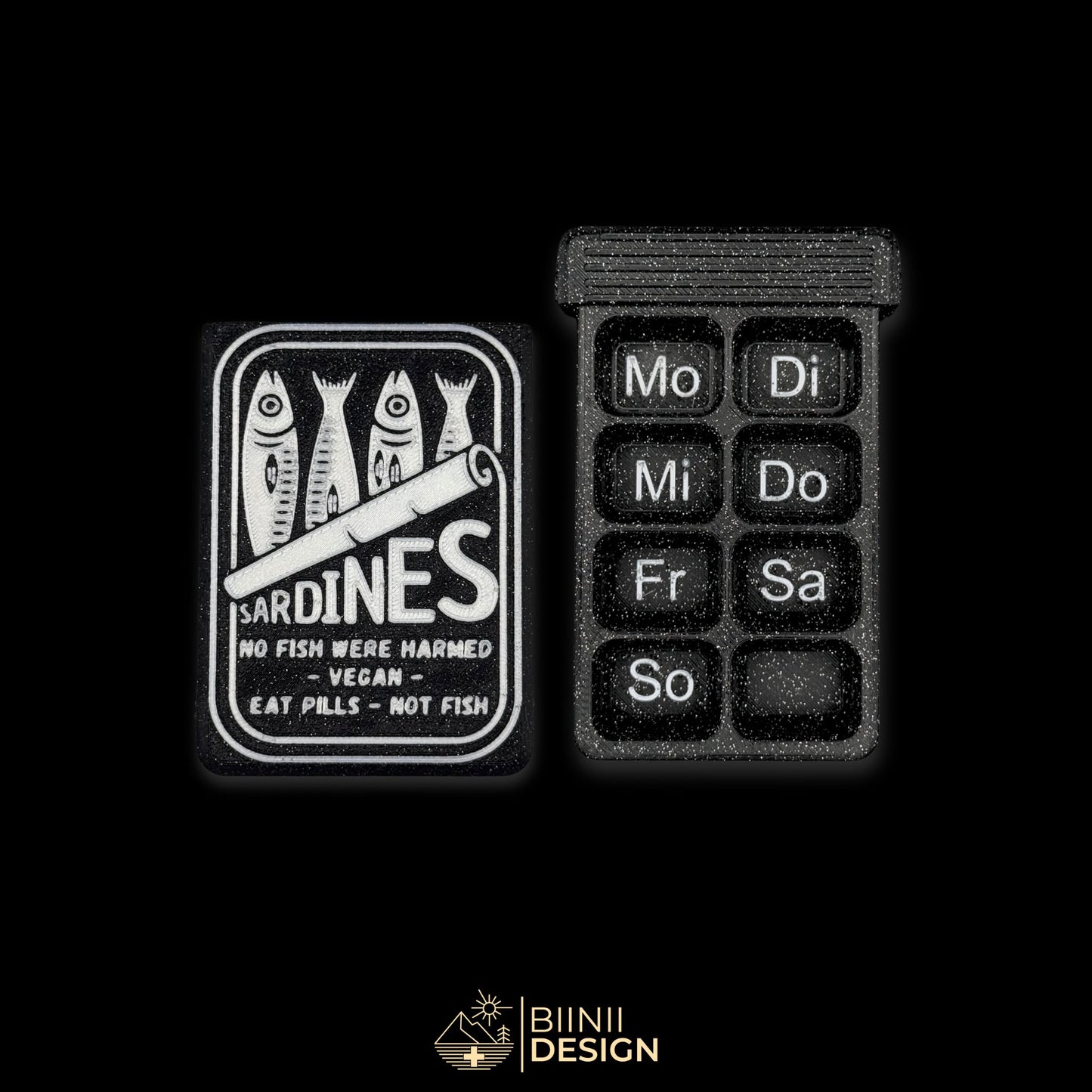 Sardines cover next to empty 8 compartment tray (DE days). Weekly pill organizer (Wochenversion) for German market.