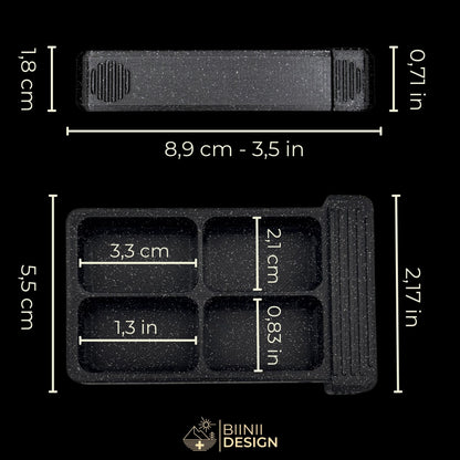 Sardines art edition pill organizer 4-compartment base with its dimensions in cm and inches, four large cells.