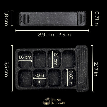Sardines art edition pill organizer 8-compartment base with its dimensions in cm and inches.
