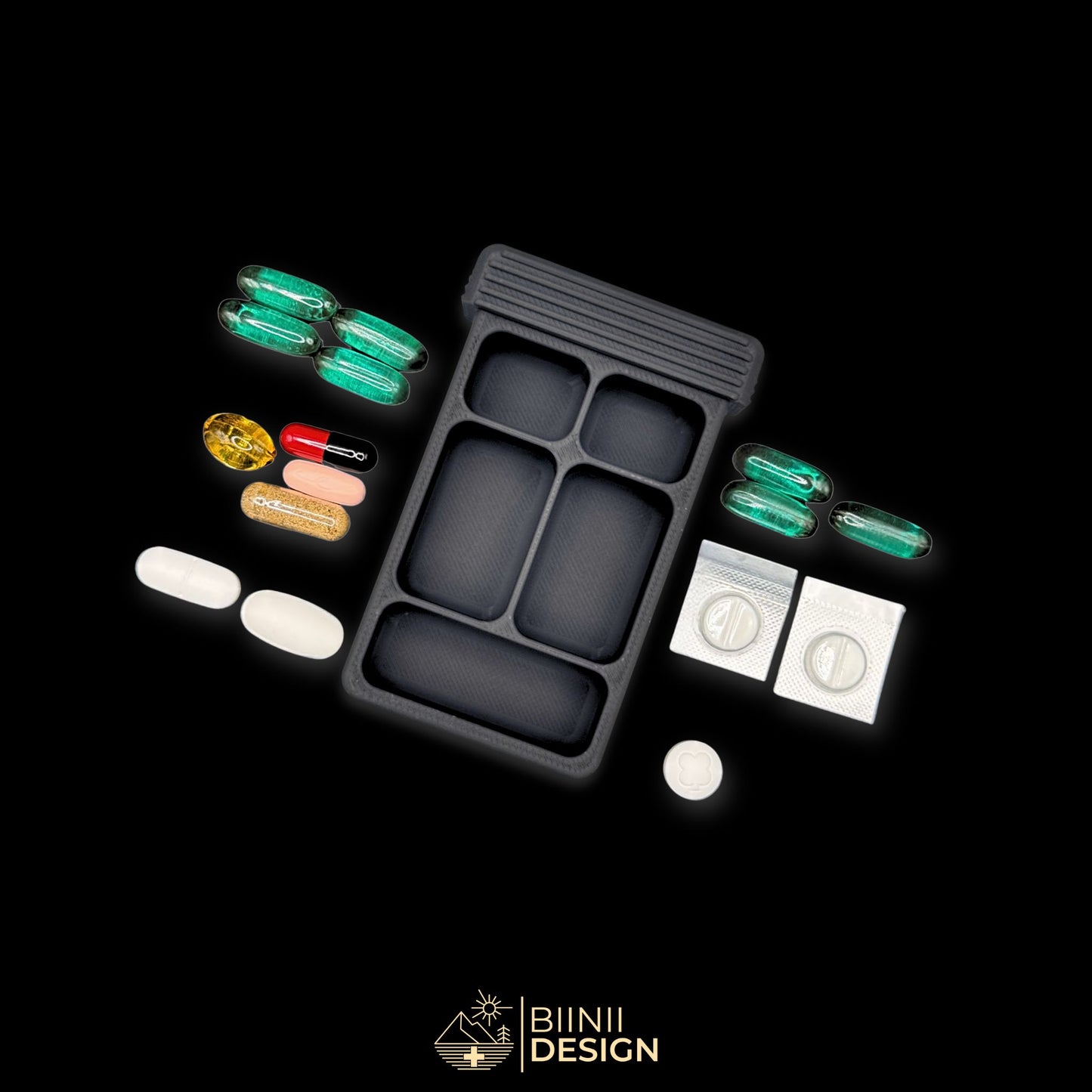 Empty 5-compartment tray. Capsules blisters and tablets are placed alongside to illustrate capacity. Custom-made Vulture Shadow art pill organizer.