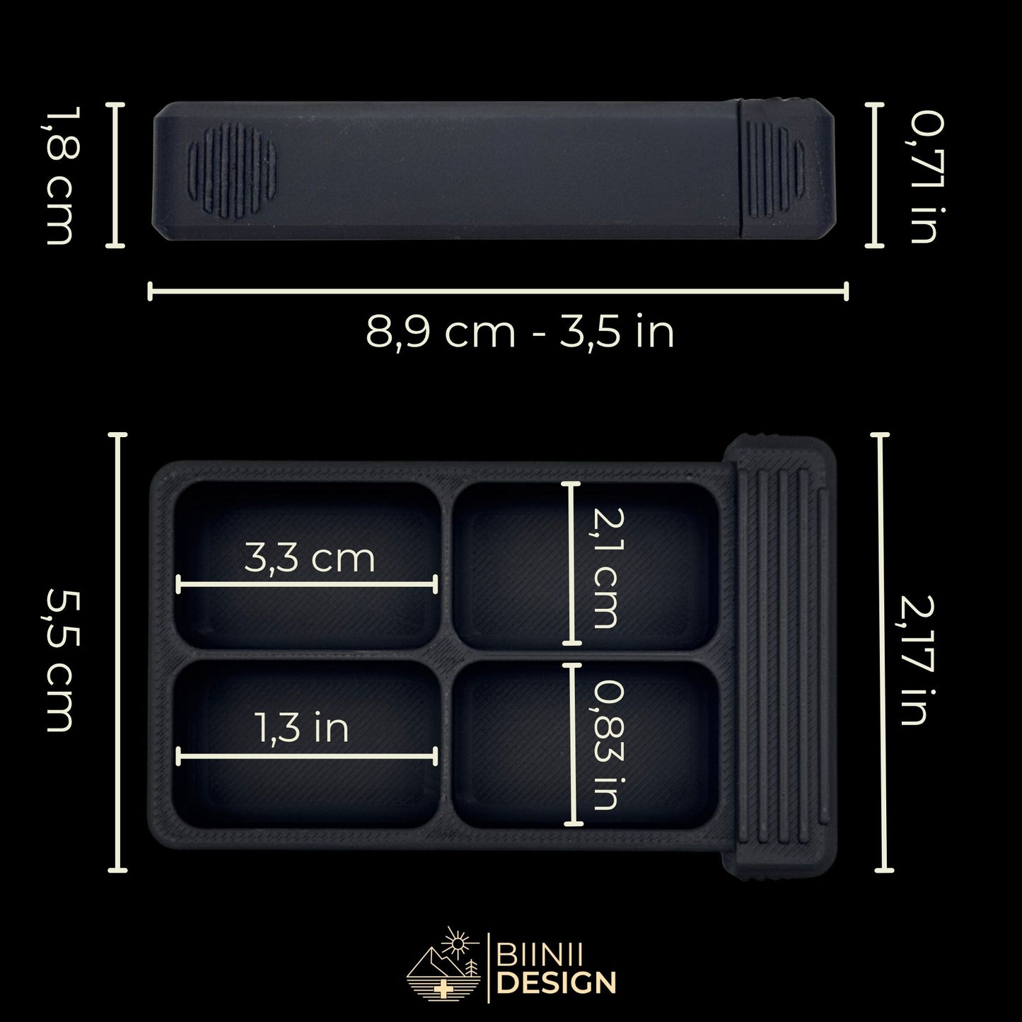 Dimensions (CM and IN) of the 4 compartment tray. Compact Vulture Shadow pill organizer for daily use.