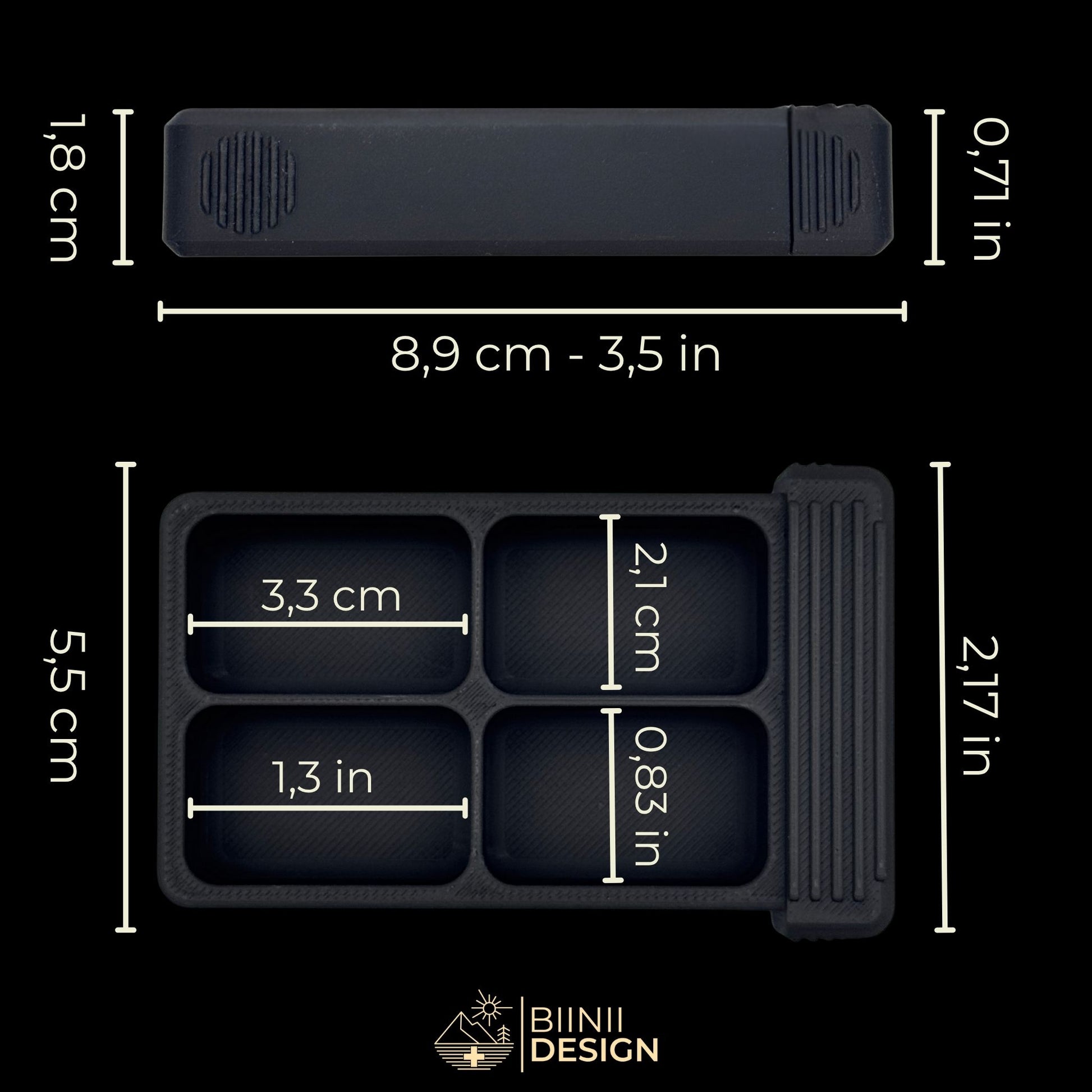Dimensions (CM and IN) of the 4 compartment tray. Compact Vulture Shadow pill organizer for daily use.