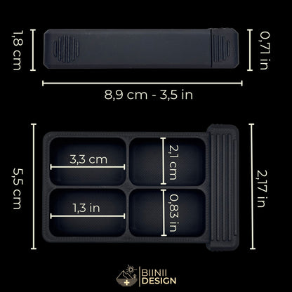Vulture's Shadow art edition pill organizer 4-compartment base with its dimensions in cm and inches, four large cells.