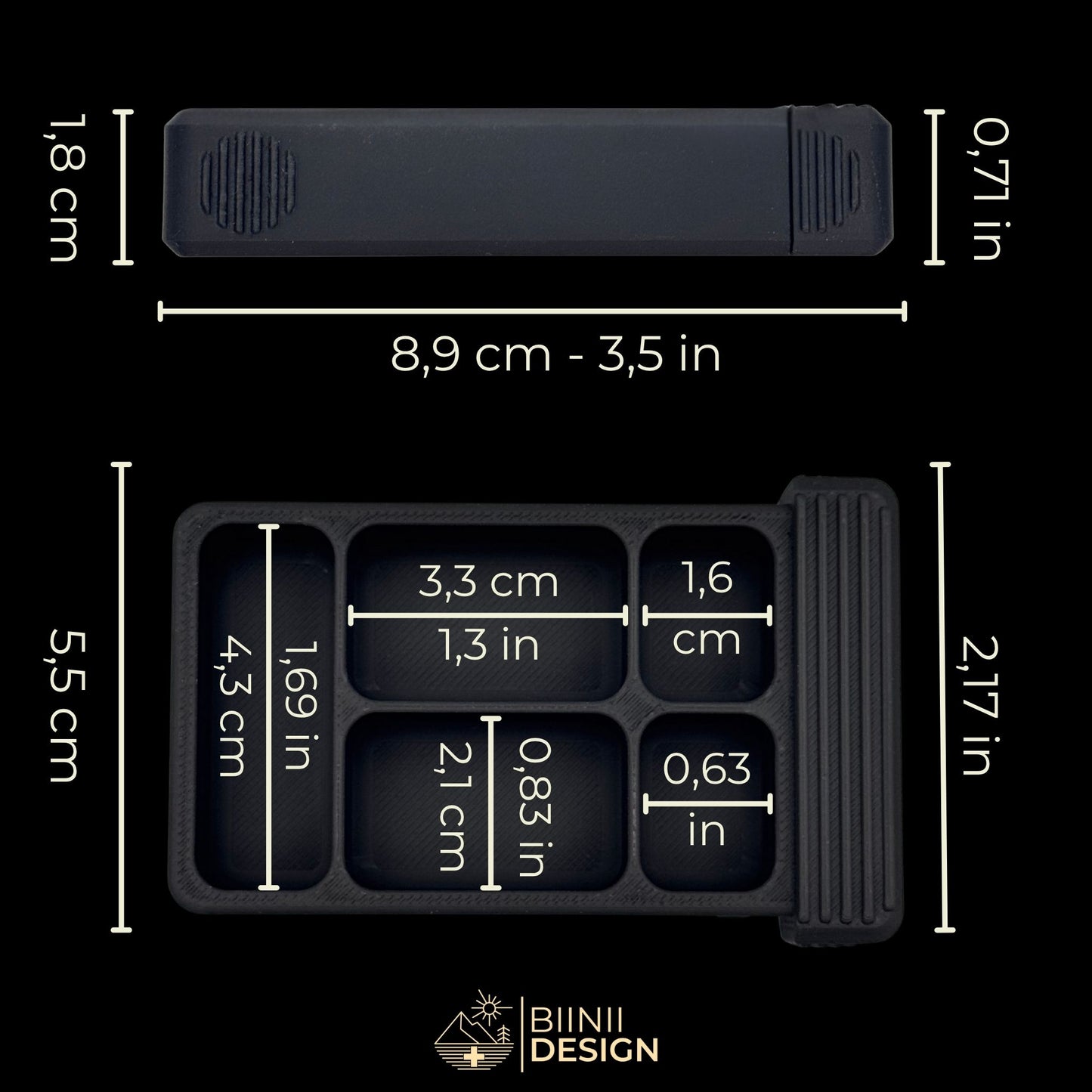 Dimensions (CM and IN) of the 5 compartment tray. Customizable Vulture Shadow pill case for travel or complex routines.