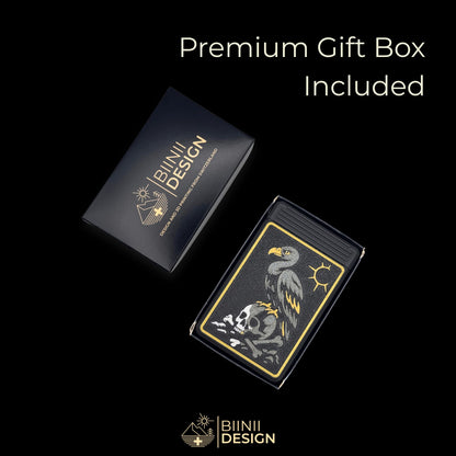 Vulture's Shadow art edition pill organizer presented in its Biinii gift box, the vulture artwork on matte black.