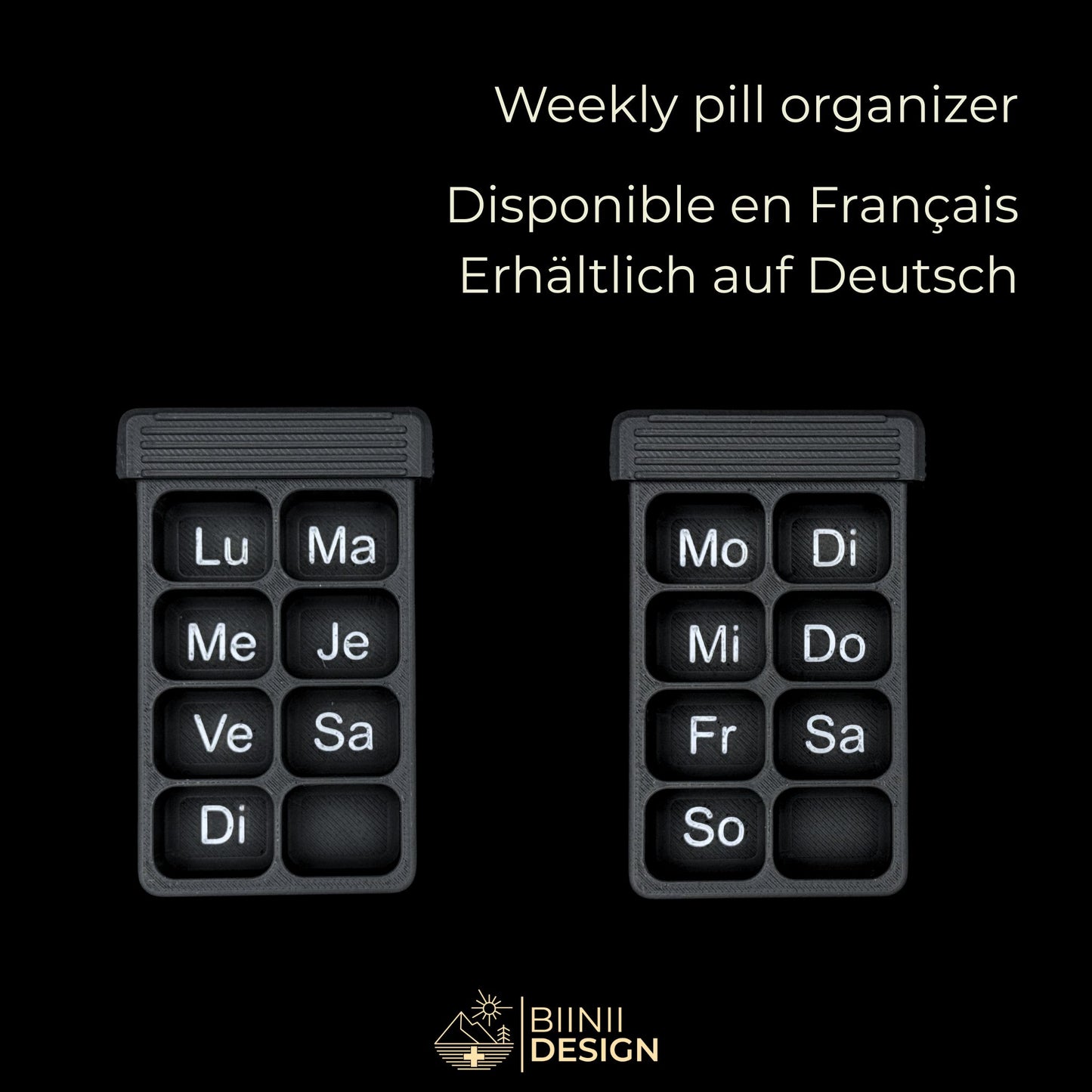 Illustration of empty 8 compartment weekly trays (FR/DE versions). Vulture Shadow theme with silver day inscriptions and bonus compartment.