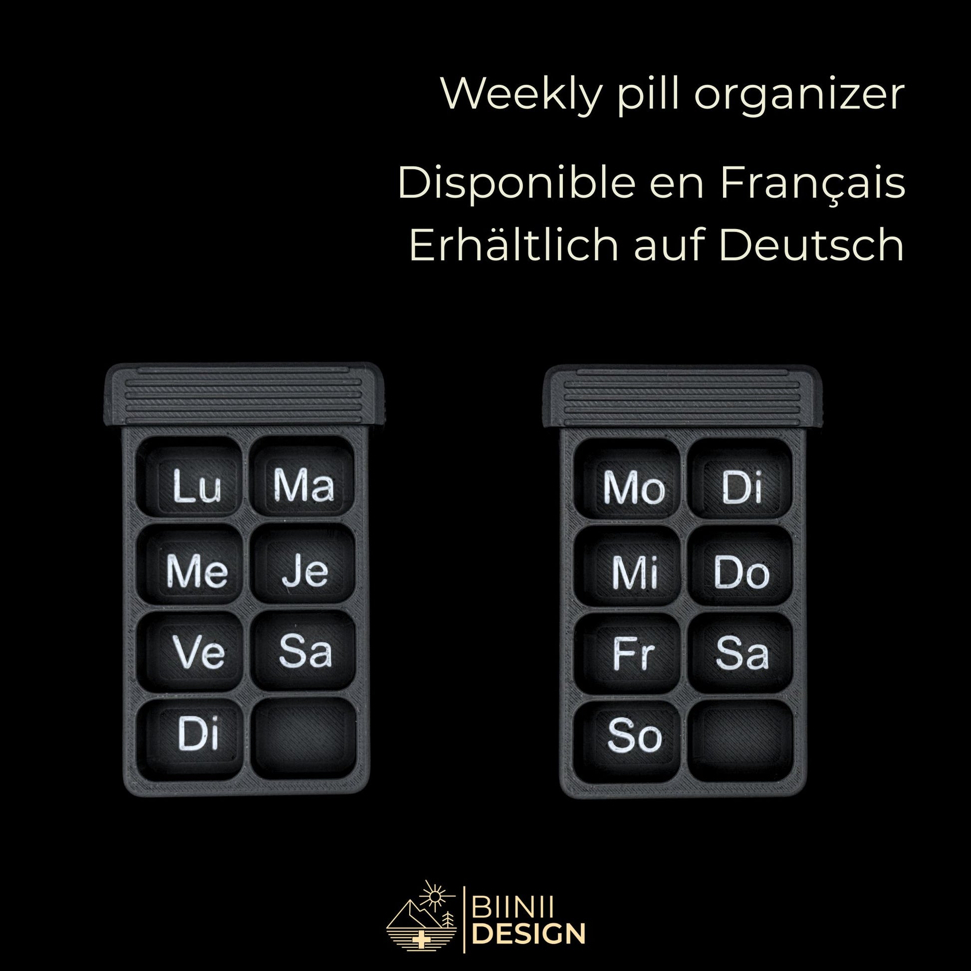 Illustration of empty 8 compartment weekly trays (FR/DE versions). Vulture Shadow theme with silver day inscriptions and bonus compartment.