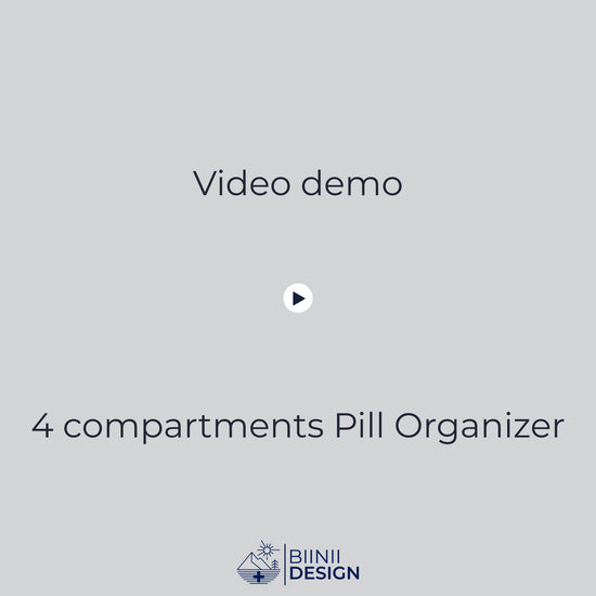 Video demo of 4-compartment pill organizer with double rows, showing secure side grips, smooth opening, and versatile storage for vitamins, supplements, and daily meds. Demonstration of closure notch and pouring capsules into the hand for easy daily use. Keywords: 4 compartments pillbox, travel pill organizer, double row pill case, daily vitamins storage, supplements container.