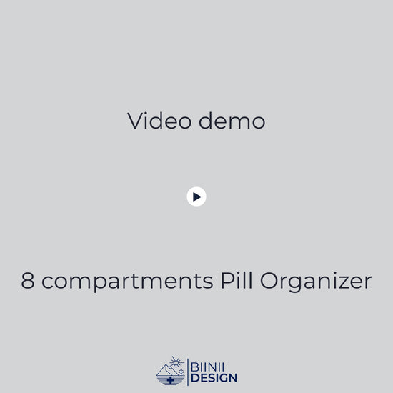 Video demo of 8-compartment pill organizer with dual-row design, featuring side grips, secure closure notch, and storage of vitamins, supplements, and capsules. Opened and refilled to show versatility before pouring one compartment’s pills into hand. Keywords: 8 compartments pillbox, weekly pill organizer, double row pill case, daily vitamins storage, supplements pillbox.