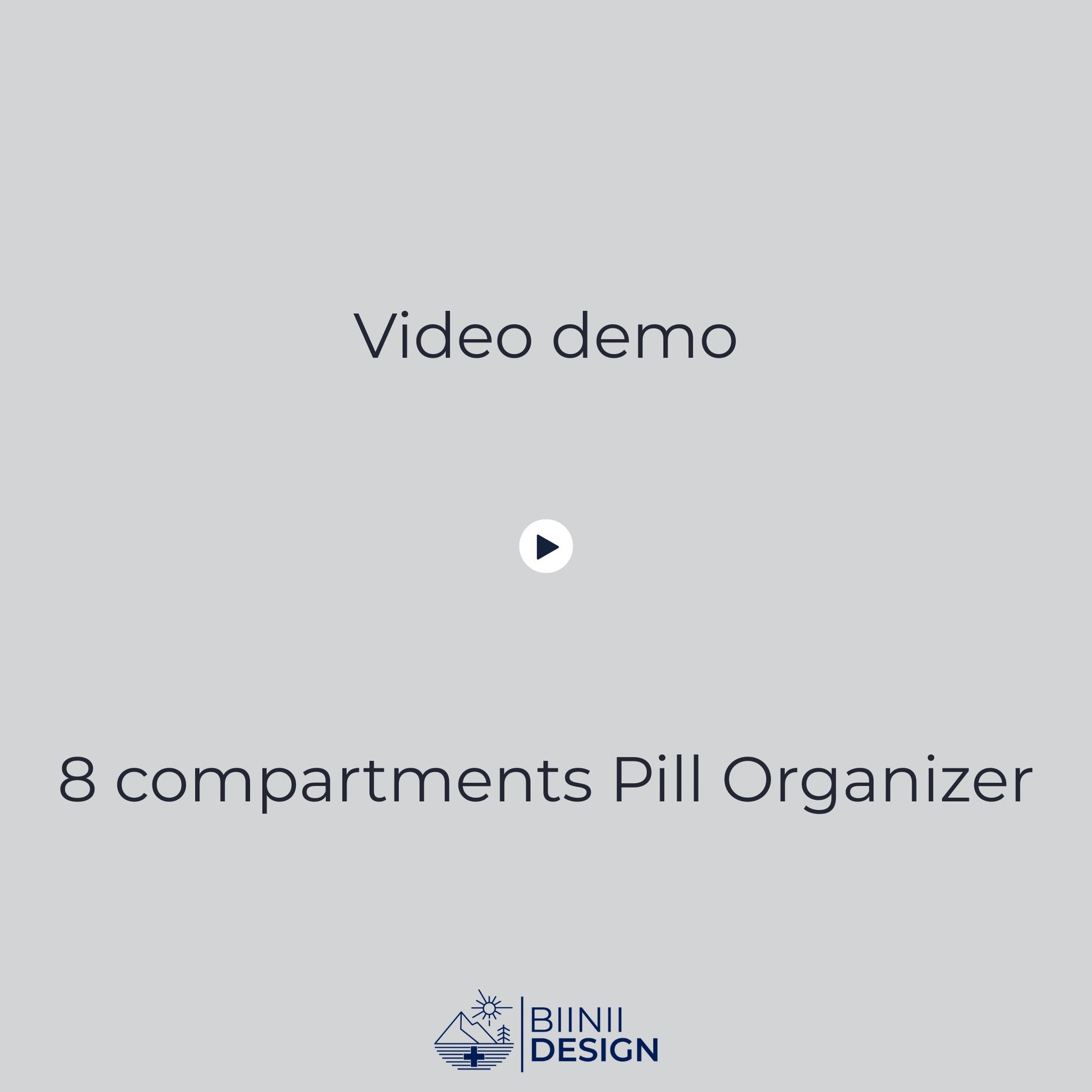 Video demo of 8-compartment pill organizer with dual-row design, featuring side grips, secure closure notch, and storage of vitamins, supplements, and capsules. Opened and refilled to show versatility before pouring one compartment’s pills into hand. Keywords: 8 compartments pillbox, weekly pill organizer, double row pill case, daily vitamins storage, supplements pillbox.