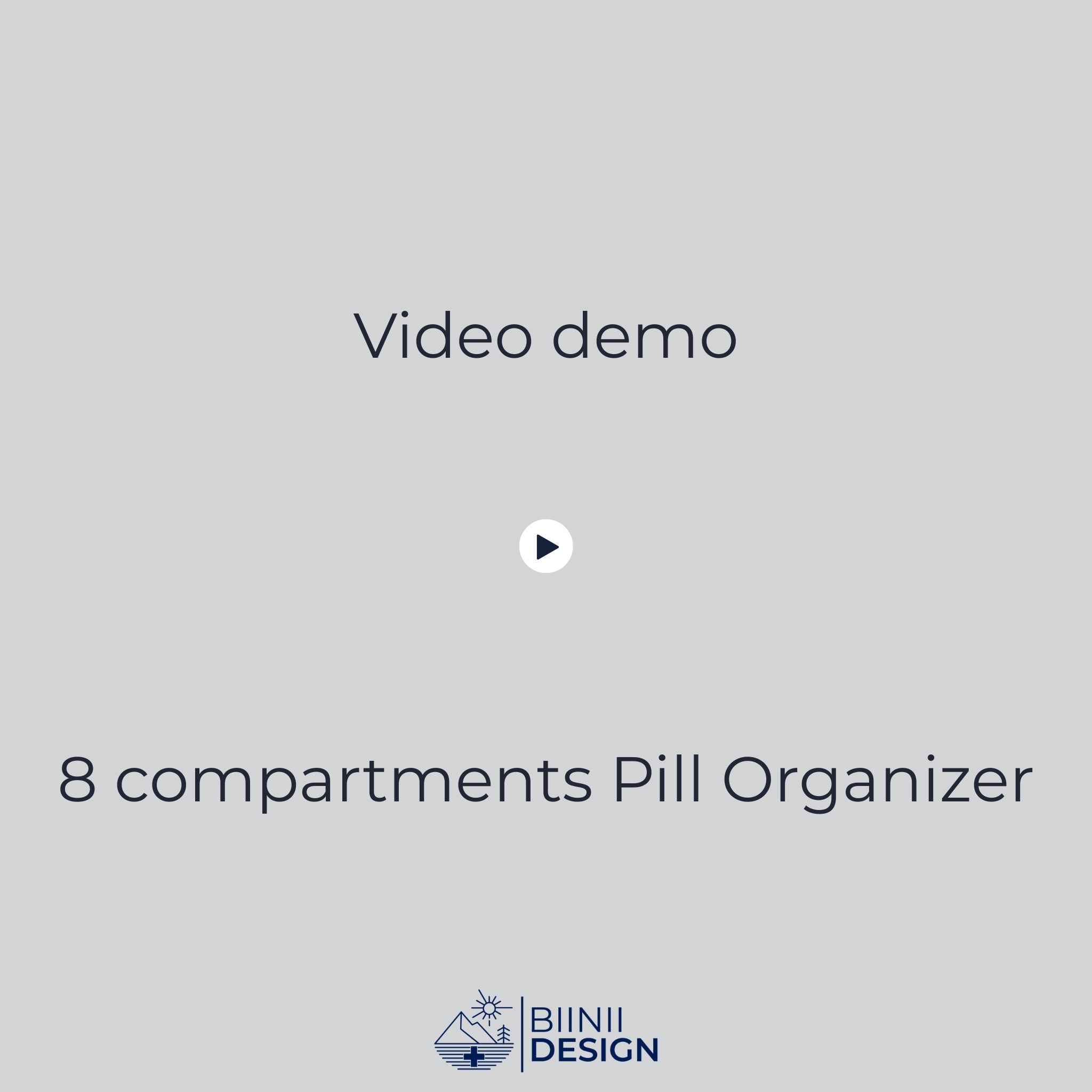 Video demo of 8-compartment pill organizer with dual-row design, featuring side grips, secure closure notch, and storage of vitamins, supplements, and capsules. Opened and refilled to show versatility before pouring one compartment’s pills into hand. Keywords: 8 compartments pillbox, weekly pill organizer, double row pill case, daily vitamins storage, supplements pillbox.