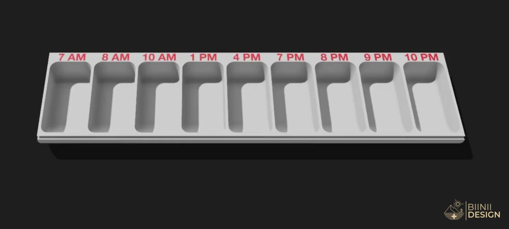 Short 3D animation showing Biinii Design’s hourly pill organizer, designed to bring clarity and structure to complex medication routines.