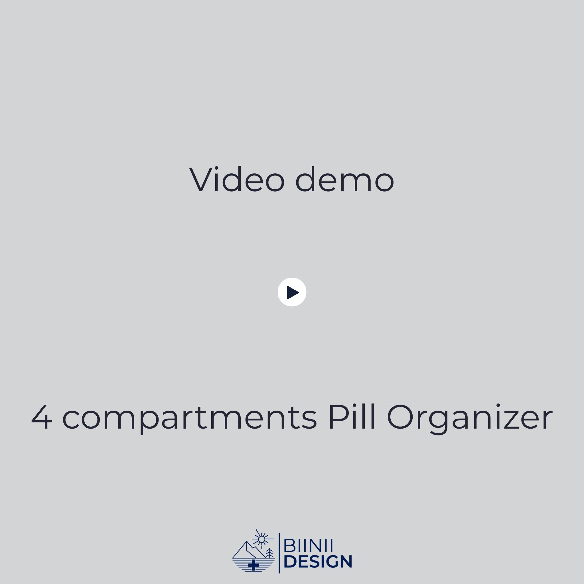 4-compartment EDC pill organizer demo. Compact design with side grips, easy to open, filled with assorted supplements and pills, ending with liquid caps in hand.
Keywords: pill organizer, pill box, 4 compartments, EDC, travel pill case, supplements