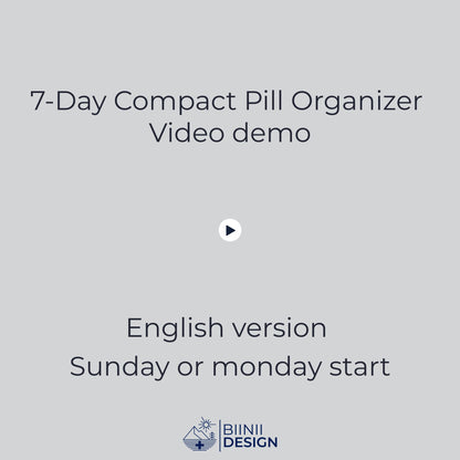 Real-life demo of the compact 7-day pill organizer, Sunday- and Monday-start versions, with green softgels, sliding open and closed.