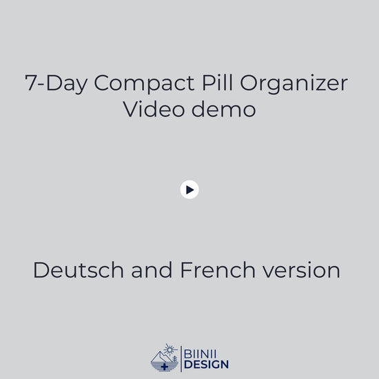 Real-life demo of the Swiss-made compact 7-day pill organizer, showing Monday and Sunday start versions with green liquitabs inside, opening and closing smoothly.