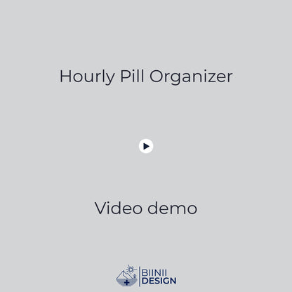 Demo video: the hourly pill organizer with its translucent lid, each dose visible without opening it, held in the hand.