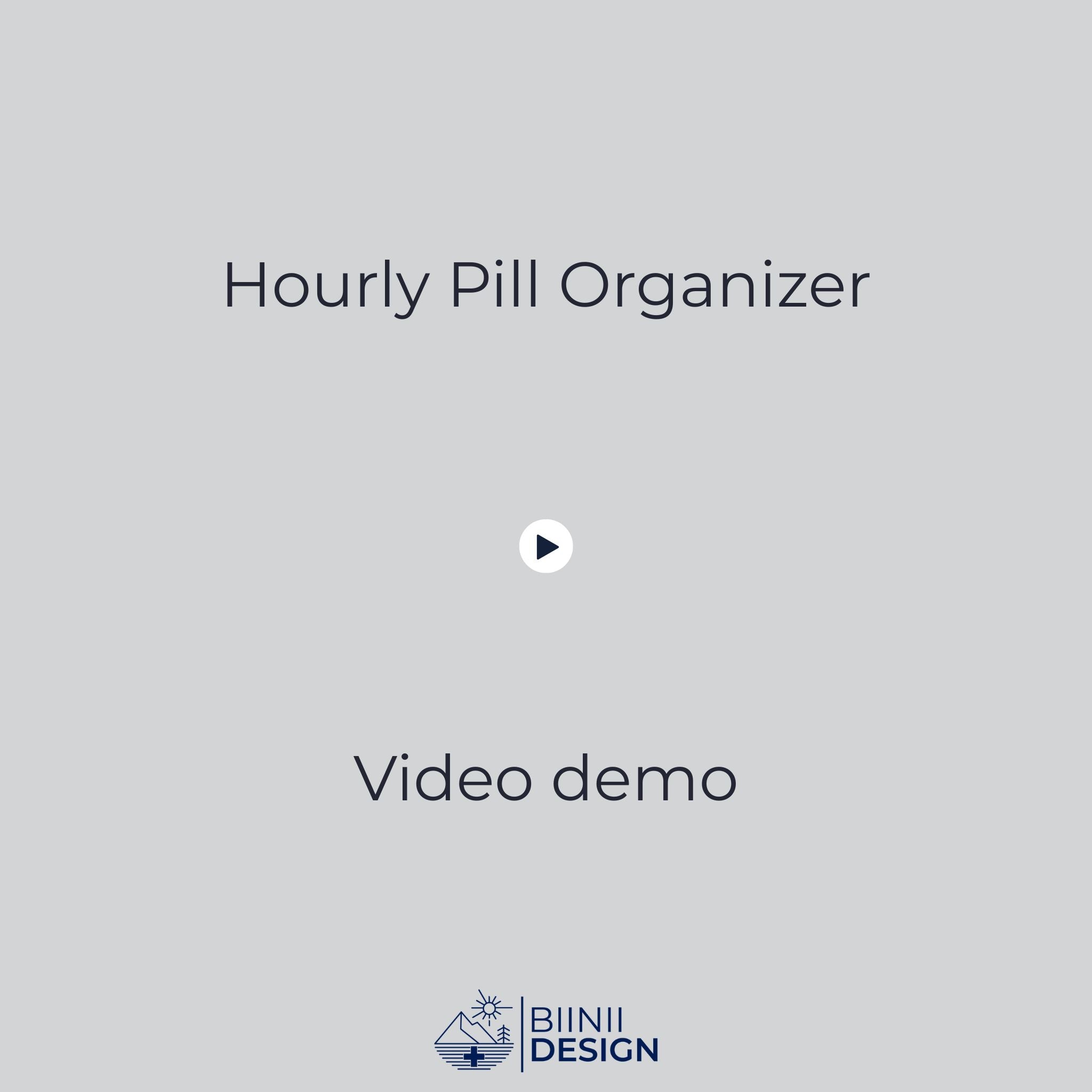 Demonstration video of the hourly pill organizer showing translucent lid, visual tracking of doses, and ergonomic handling for medication routines.
