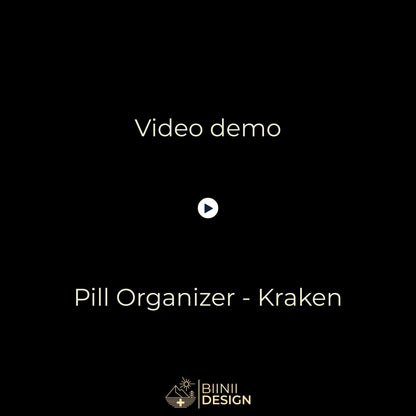 Demo video: the Kraken sliding pill organizer opens with five compartments filled, closes, and sits in its Biinii gift box.