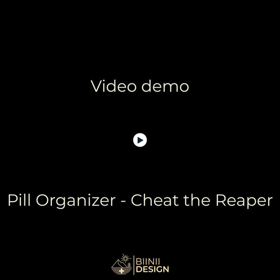 Video demo: "Cheat the Reaper" organizer opening (5 cpt filled) closing and insertion into its premium Biinii gift packaging.