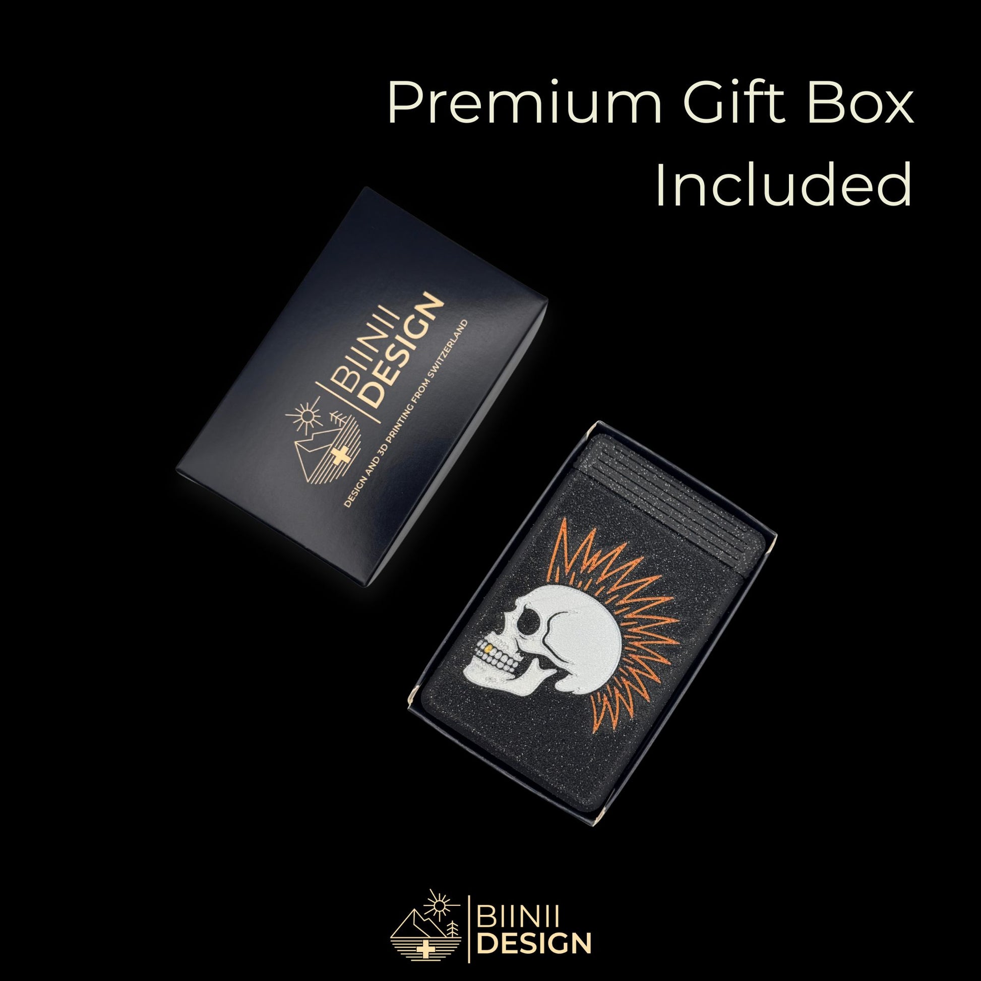 The Punk Skull pillbox in galaxy black, Swiss-made artistic organizer with golden tooth, presented in gift box.
Keywords: pillbox, pill organizer, artistic pillbox, gothic