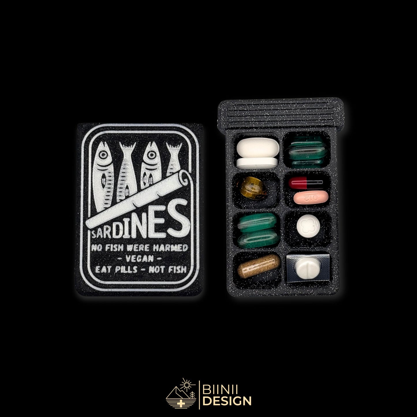 8-compartment sardines pill organizer in galaxy black, open view with diverse pills and capsules for weekly use or supplement routines.
Keywords: sardines pill organizer, 8-compartment weekly pillbox, pill case for supplements, funny pill holder
