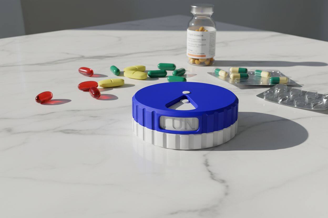 Swiss-made 3D-printed pill organizer for daily use, designed and crafted by Biinii Design to combine reliability, functionality and refined design