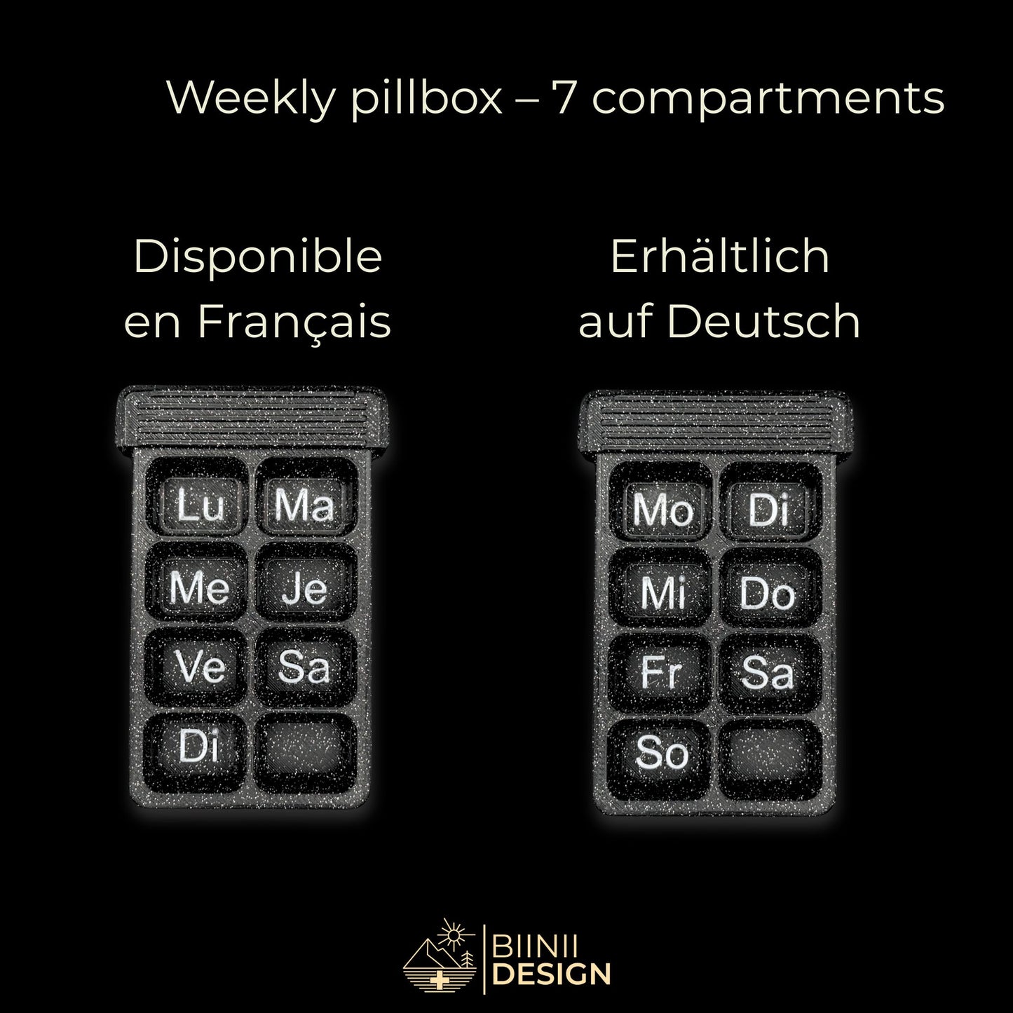 Weekly pill organizer with 7 compartments in galaxy black, showing weekday markers in French (Lu–Di) and German (Mo–So). Swiss-made and compact.
Keywords: weekly pillbox, 7-compartment pill case, French German organizer