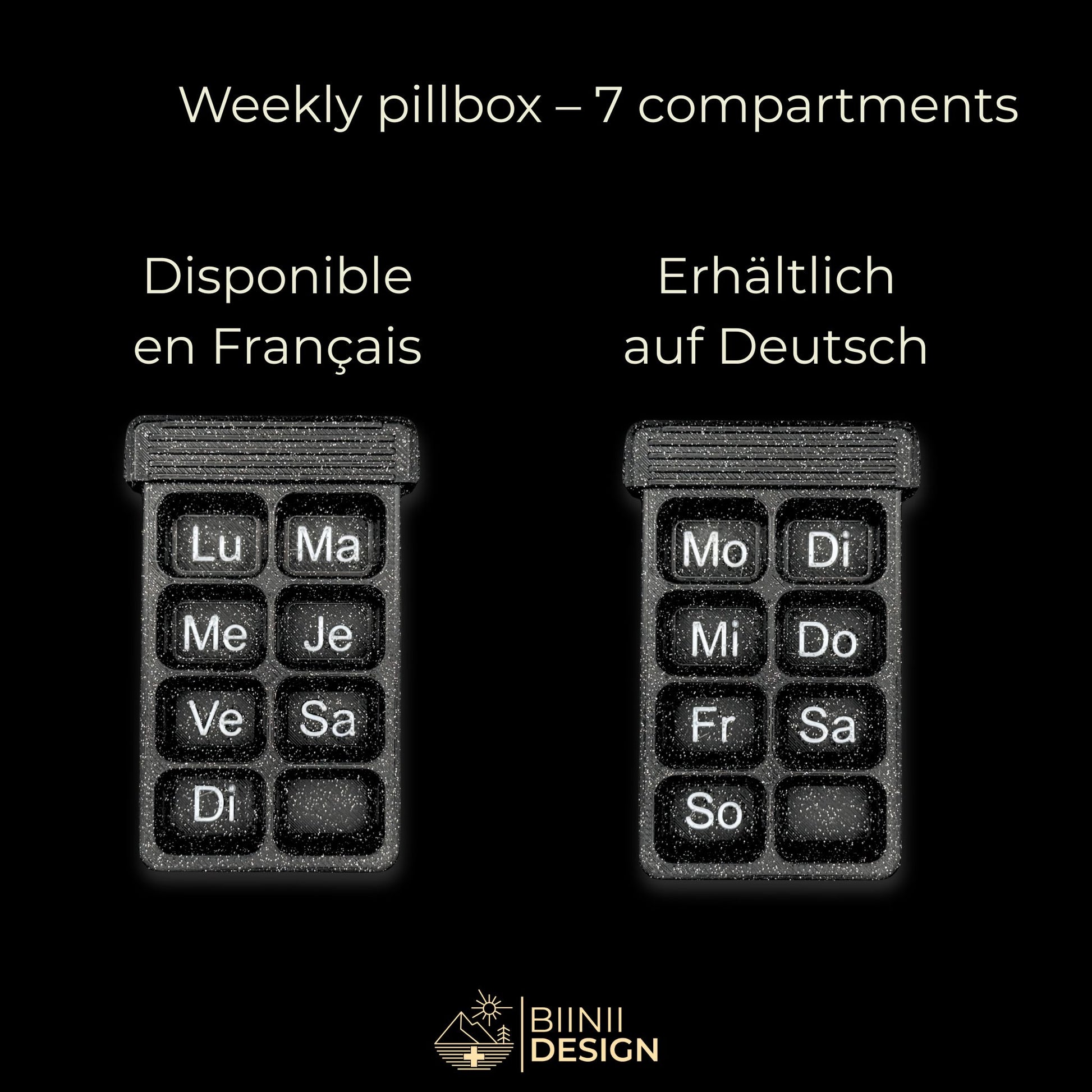 Weekly pill organizer with 7 compartments in galaxy black, showing weekday markers in French (Lu–Di) and German (Mo–So). Swiss-made and compact.
Keywords: weekly pillbox, 7-compartment pill case, French German organizer